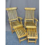 VINTAGE STYLE TEAK STEAMER/GARDEN CHAIRS with brass fittings, 95cms H, 61cms W, 116cms L fully