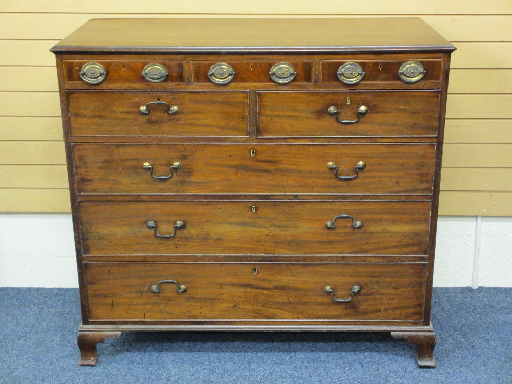 REGENCY MAHOGANY CHEST OF DRAWERS having three slim upper drawers with fancy oval brass plate