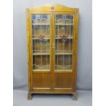 VINTAGE OAK BOOKCASE with leaded and stained glass doors and interior adjustable shelves, 172cms