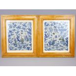 CHINESE SILK EMBROIDERED PANELS IN MAPLE FRAMES, A PAIR, 24 X 20cms each