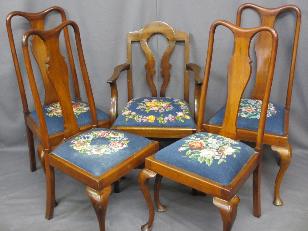 MAHOGANY SIDE CHAIRS (4 + 1 non-matching), the set of four being high back with central shaped