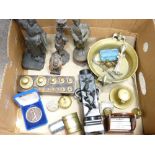 INTERESTING BOX OF MIXED COLLECTABLES including a brass censer, metal and other composition figures,