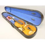 VINTAGE VIOLIN IN HARD CARRY CASE having Rosewood tuning pegs, 60cms overall L, 36cms figured two-