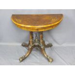 VICTORIAN INLAID WALNUT FOLD-OVER CARD TABLE on an open four column base and carved splayed feet