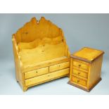 SATINWOOD STATIONERY STAND and a miniature burr walnut crossbanded three drawer chest, 51cms and