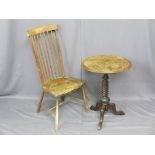 ANTIQUE BURR WALNUT TRIPOD TABLE and a stick back farmhouse chair, the circular top table on a twist