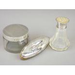 SMALL SILVER, 3 ITEMS to include a silver lidded glass pot, London 1941, an Edwardian nail buffer,