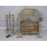 VINTAGE IRON FIRE BASKET, back plate and set of irons on stand, the basket front with Celtic