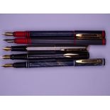 WATERMAN - 4 vintage (1980s-90s) Waterman fountain pens. 3 Waterman Forums: 1 navy blue with red