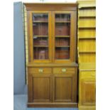 EDWARDIAN MAHOGANY BOOKCASE SIDEBOARD having twin upper glazed doors with interior adjustable