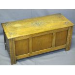 REPRODUCTION OAK BLANKET CHEST with carved detail to the top, 45cms H, 94cms W, 40.5cms D