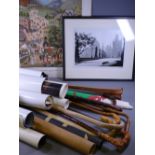 MIXED BOX OF COLLECTABLES to include a quantity of natural wood walking sticks, a copper and brass