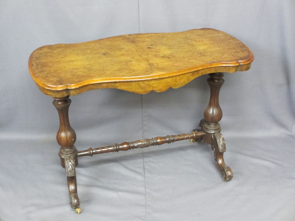 VICTORIAN BURR WALNUT SHAPED TOP TABLE on pumpkin supports and carved shaped legs with brown pot