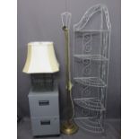 SILVERED FOLDING DISPLAY STAND, two drawer metal filing cabinet, modern brass standard lamp ETC