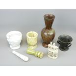 PRINKNASH STYLE THREE-HANDLED ART FORM VASE, serpentine baluster vase, onyx and marble mortar and