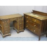 VINTAGE OAK RAILBACK CHEST and a Priory style knee-hole desk/dressing table, 94cms overall height,