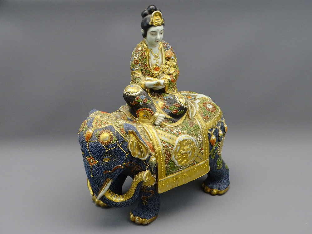 JAPANESE SATSUMA PORCELAIN MODEL, Geisha seated on an elephant, 36cms H, mark to the base