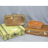 FOUR VINTAGE TRAVEL CASES including a canvas type example with leather straps and luggage labels