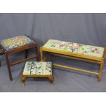 THREE TAPESTRY TOP FOOT STOOLS including a tall example, 48cms H, one short, 21cms H and a long