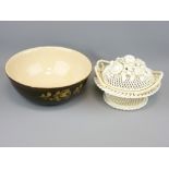 BELLEEK RETICULATED BASKET & COVER and a Denby stoneware mixing bowl, 25.5cms D
