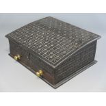 ANTIQUE STYLE CARVED OAK BIBLE BOX with lift-up lid and twin lower drawers, 16.5cms H, 41cms W, 34.