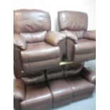 A MODERN BROWN LEATHER EFFECT THREE PIECE LOUNGE SUITE of three seater settee, 95cms H, 205cms W,