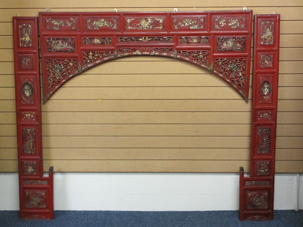 VINTAGE CHINESE RED LACQUER & GILT PAINTED THREE SECTION WALL HANGING having fretwork and raised