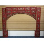 VINTAGE CHINESE RED LACQUER & GILT PAINTED THREE SECTION WALL HANGING having fretwork and raised