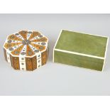 MID 19TH CENTURY VIZAGAPATAM OCTAGONAL BOX with sunburst patterned lid and a green rectangular box
