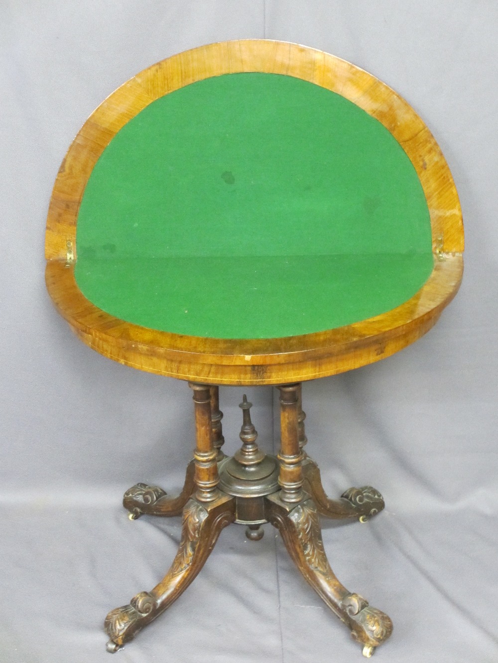 VICTORIAN INLAID WALNUT FOLD-OVER CARD TABLE on an open four column base and carved splayed feet - Image 2 of 2