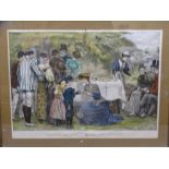 VICTORIAN COLOUR TINTED PRINT titled 'Afternoon Tea at a Lawn Tennis Club Tournament' by E F