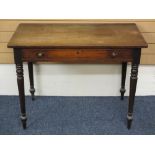 VICTORIAN MAHOGANY SINGLE DRAWER HALL TABLE on turned and tapering supports, 75cms H, 100cms W,
