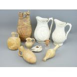 FIRED CLAY POTTERY COLLECTION ANTIQUITIES STYLE, 7 pieces including an oil lamp, a small bust on