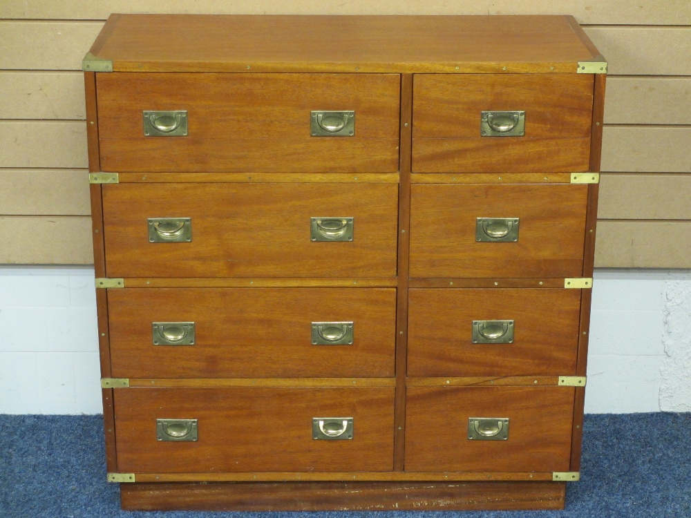 REPRODUCTION MAHOGANY MILITARY STYLE CHEST with brass banding and inset handles having four small