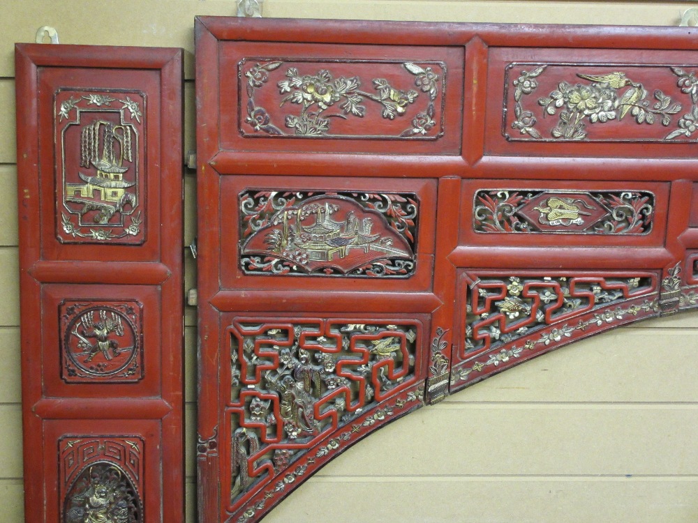 VINTAGE CHINESE RED LACQUER & GILT PAINTED THREE SECTION WALL HANGING having fretwork and raised - Image 2 of 2