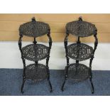 REPRODUCTION THREE-TIER CAST IRON PAN STANDS, a pair, 66cms H