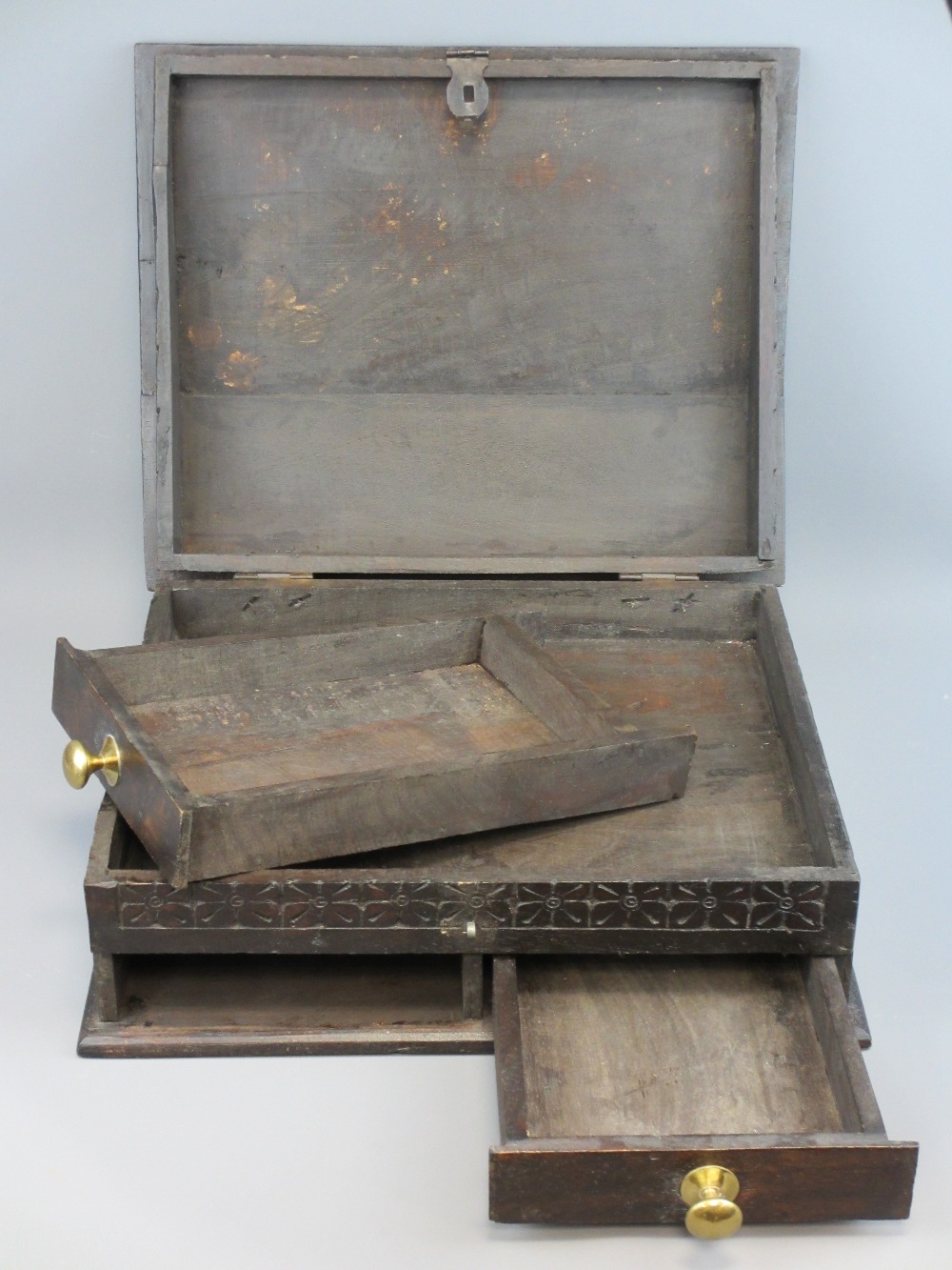 ANTIQUE STYLE CARVED OAK BIBLE BOX with lift-up lid and twin lower drawers, 16.5cms H, 41cms W, 34. - Image 3 of 3