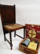 EDWARDIAN V. C. BOND & SONS PATENT BEDROOM CHAIR with clothes press back and rush seat, together