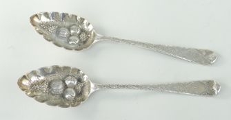 PAIR OF GEORGE III SILVER ENGRAVED BERRY SPOONS, bearing engraved initials 'E K', London 1811, Sarah