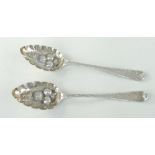 PAIR OF GEORGE III SILVER ENGRAVED BERRY SPOONS, bearing engraved initials 'E K', London 1811, Sarah