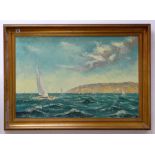 L. KOHN oil on canvas - a view of sailing dinghies off the South Coast, signed, 59 x 90cms