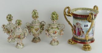FOUR SITZENDORF CHERUB VASES & COVERS together with German printed tyg of lion paw feet in Vienna