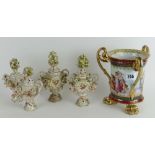 FOUR SITZENDORF CHERUB VASES & COVERS together with German printed tyg of lion paw feet in Vienna