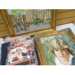 J H WHITTOW oil on board - portrait of Princess Diana, 44 x 34cms together with collection of