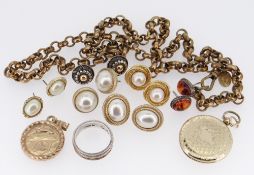 ASSORTED COSTUME JEWELLERY to include 9ct gold pendant, another yellow metal engraved locket, gold