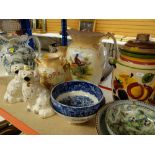 ASSORTED VICTORIAN POTTERY JUGS, Staffordshire jug and basin, salad bowls, pottery spaniels ETC