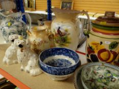 ASSORTED VICTORIAN POTTERY JUGS, Staffordshire jug and basin, salad bowls, pottery spaniels ETC