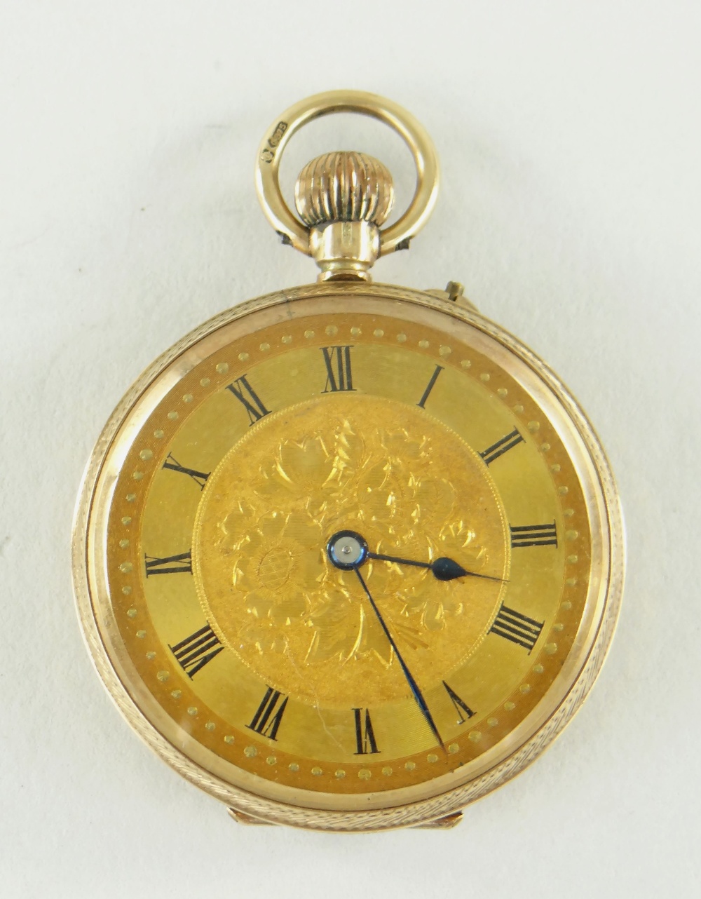 9CT YELLOW GOLD LADIES FOB WATCH, scroll and foliate engraved with initials. 27.9gms