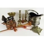 ASSORTED DECORATIVE METALWARE including pair of candlesticks, kitchen scales ETC