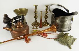 ASSORTED DECORATIVE METALWARE including pair of candlesticks, kitchen scales ETC